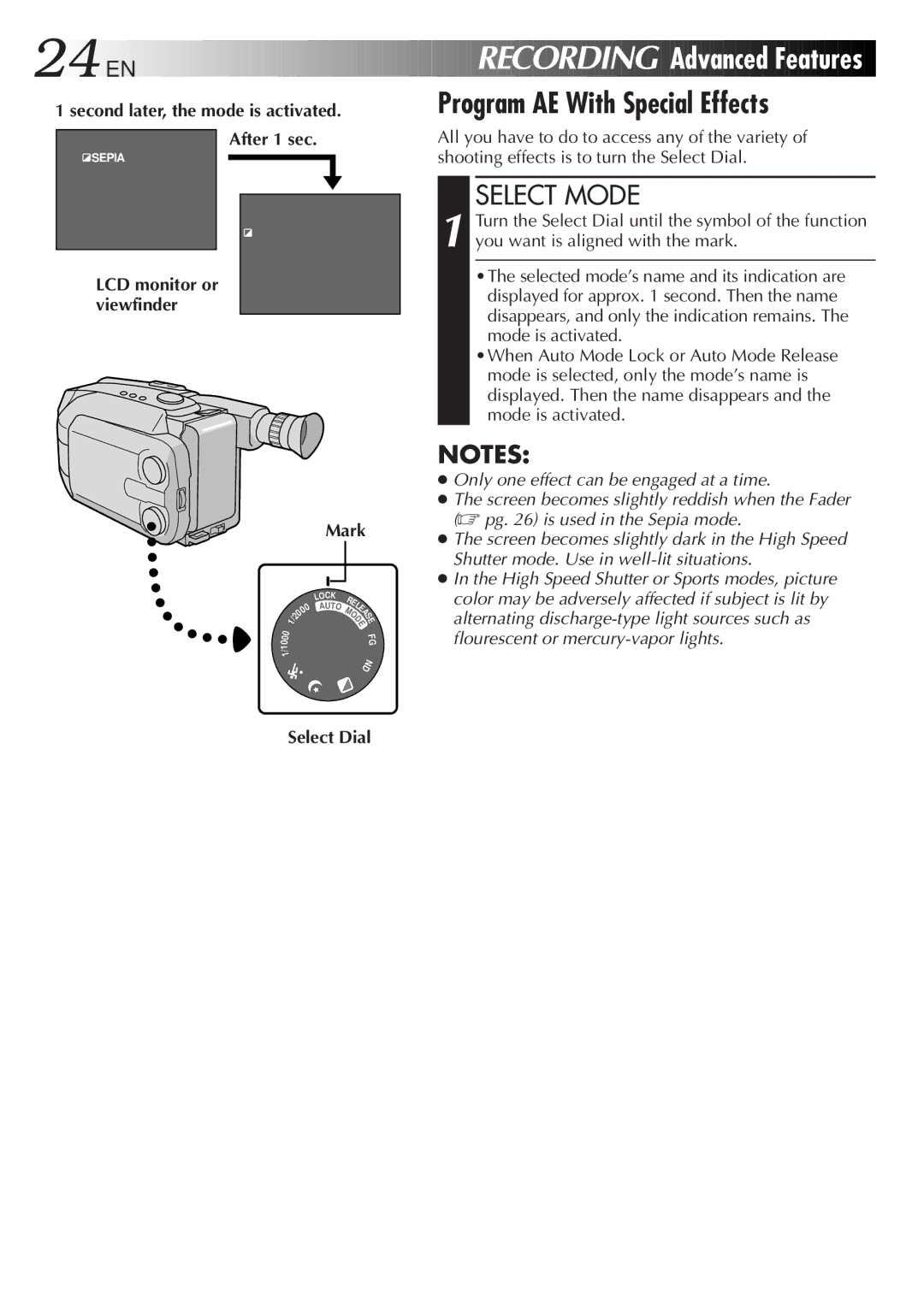 JVC GR-AXM100 manual Recording Advanced Features, Program AE With Special Effects, After 1 sec, Mark 