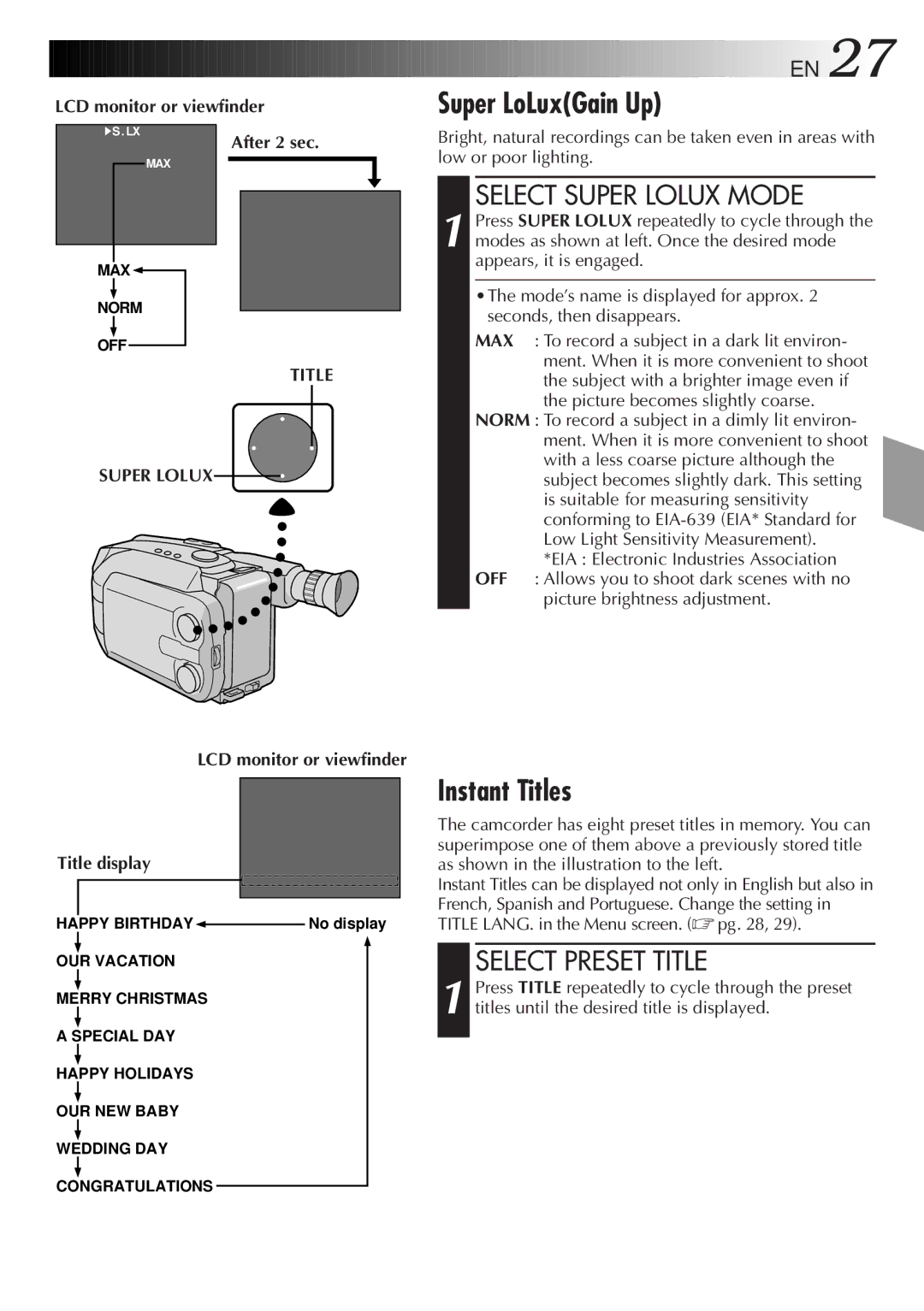 JVC GR-AXM100 manual Super LoLuxGain Up, Instant Titles, Select Super Lolux Mode, Select Preset Title, Title Super Lolux 