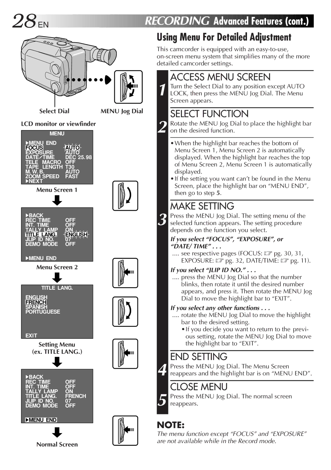 JVC GR-AXM100 manual Using Menu For Detailed Adjustment, Make Setting, END Setting, Select Dial Menu Jog Dial 