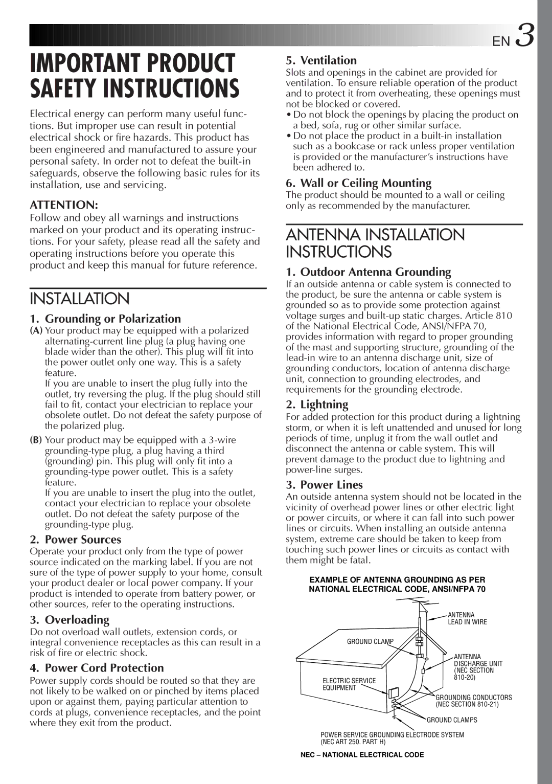 JVC GR-AXM100 manual Antenna Installation Instructions 