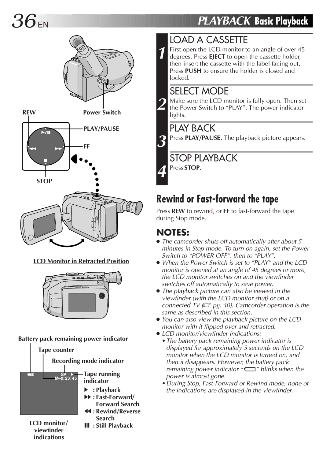 JVC GR-AXM100 manual EN Playback, Basic Playback, Rewind or Fast-forward the tape, Play Back, Stop Playback 