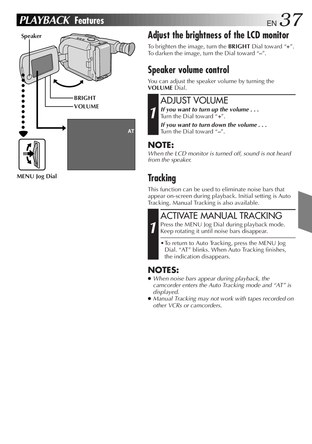 JVC GR-AXM100 manual Playback Features, Speaker volume control, Adjust Volume, Activate Manual Tracking 