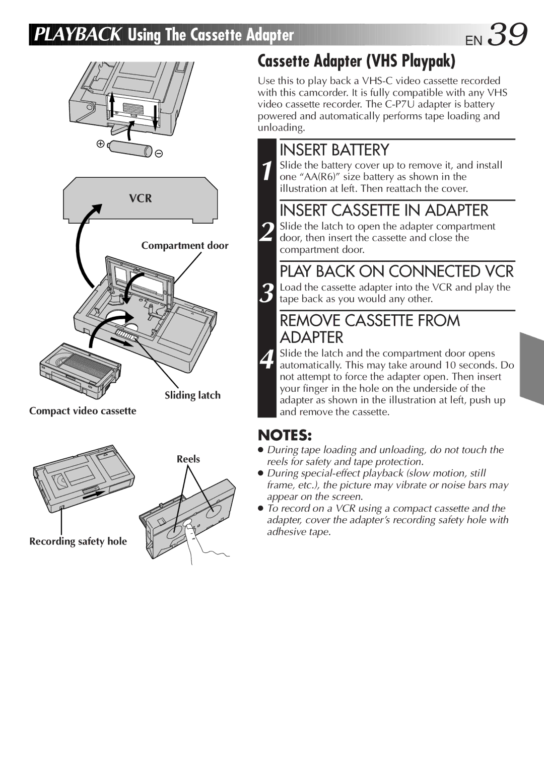 JVC GR-AXM100 manual Using The Cassette Adapter EN, Cassette Adapter VHS Playpak, Insert Cassette in Adapter 