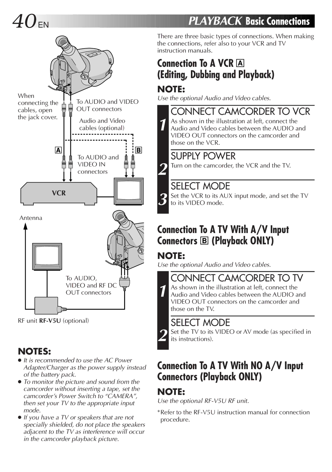 JVC GR-AXM100 manual Basic Connections, Connect Camcorder to VCR, Connect Camcorder to TV 