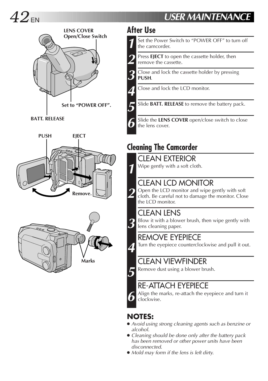 JVC GR-AXM100 manual Open/Close Switch Set to Power OFF, BATT. Release Push Eject, Remove Marks 