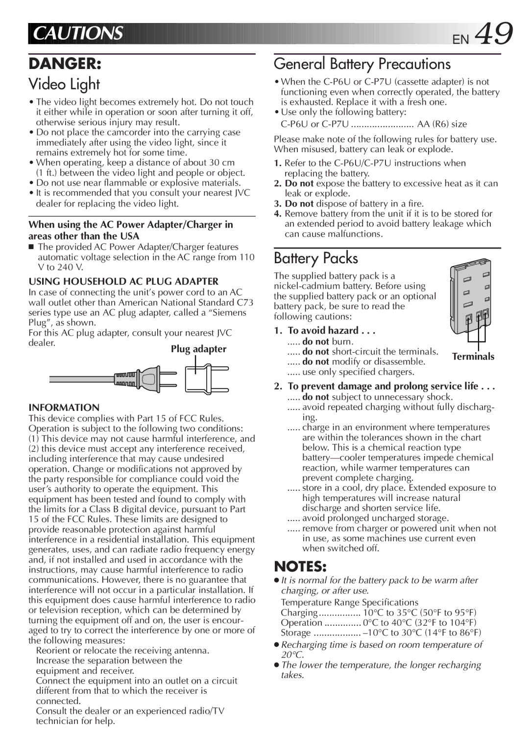 JVC GR-AXM100 manual Using Household AC Plug Adapter, Information, To avoid hazard 