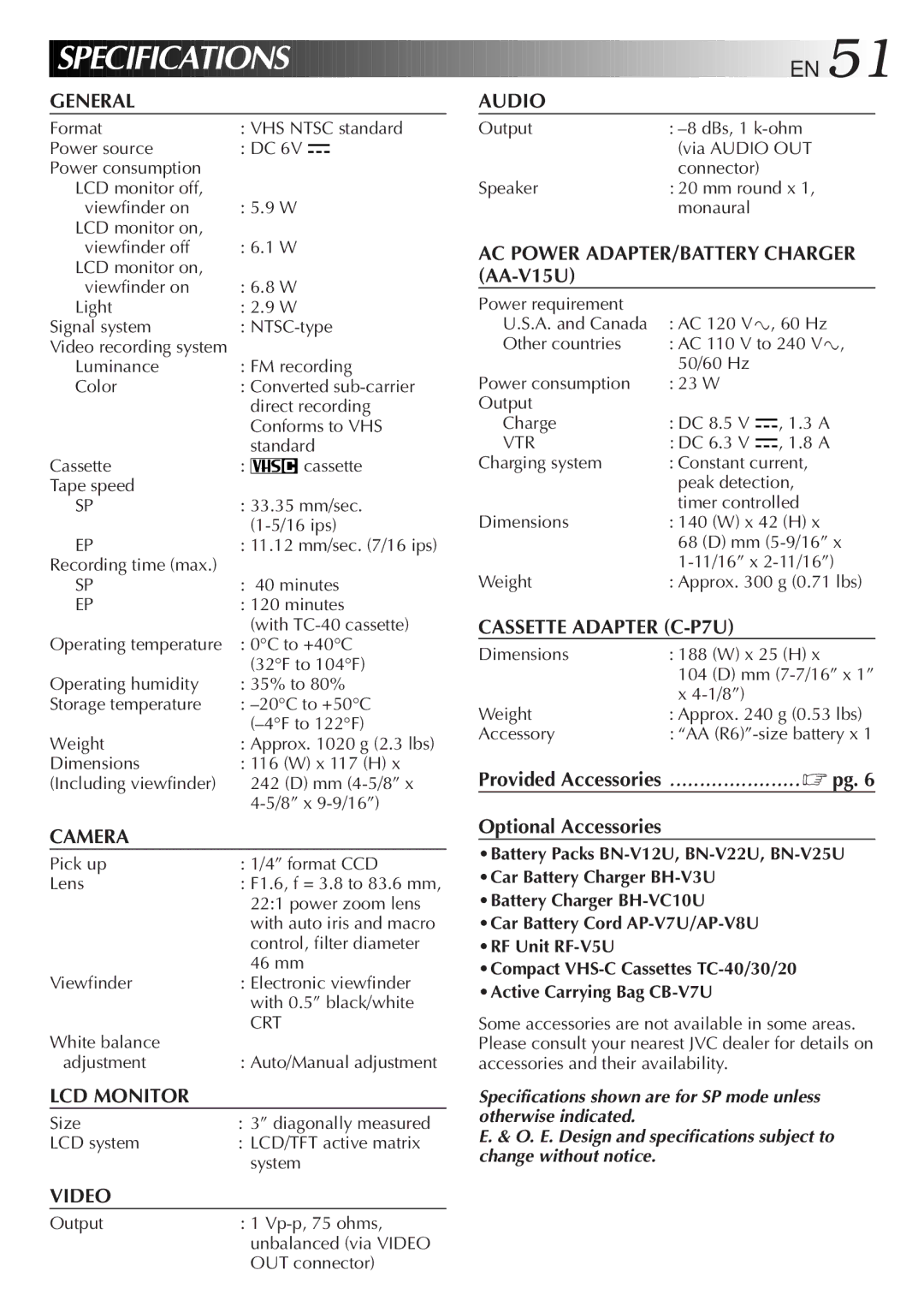 JVC GR-AXM100 manual Specifications, Optional Accessories 