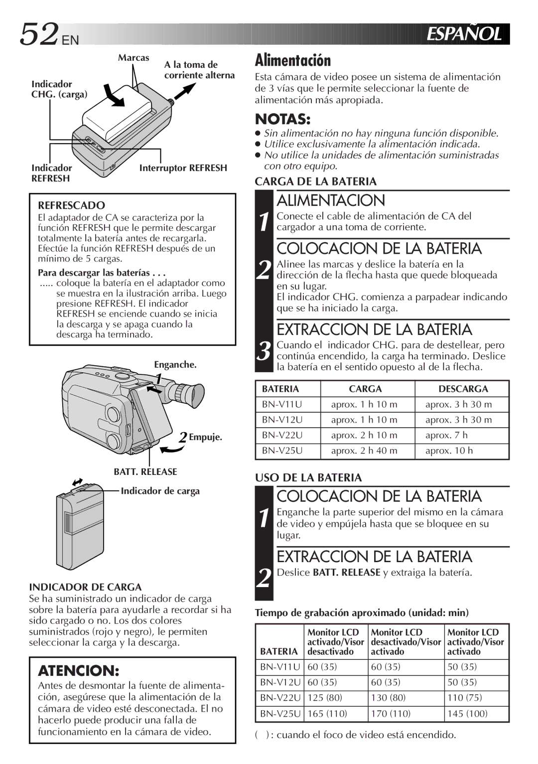 JVC GR-AXM100 manual Alimentación, Alimentacion, Colocacion DE LA Bateria, Extraccion DE LA Bateria 