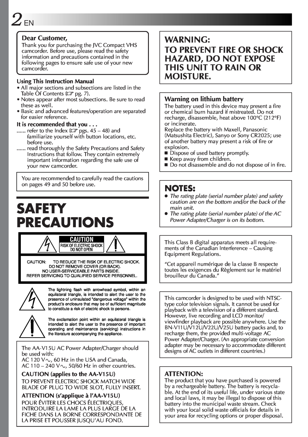 JVC GR-AXM100 manual Safety Precautions, Dear Customer, Warning on lithium battery 