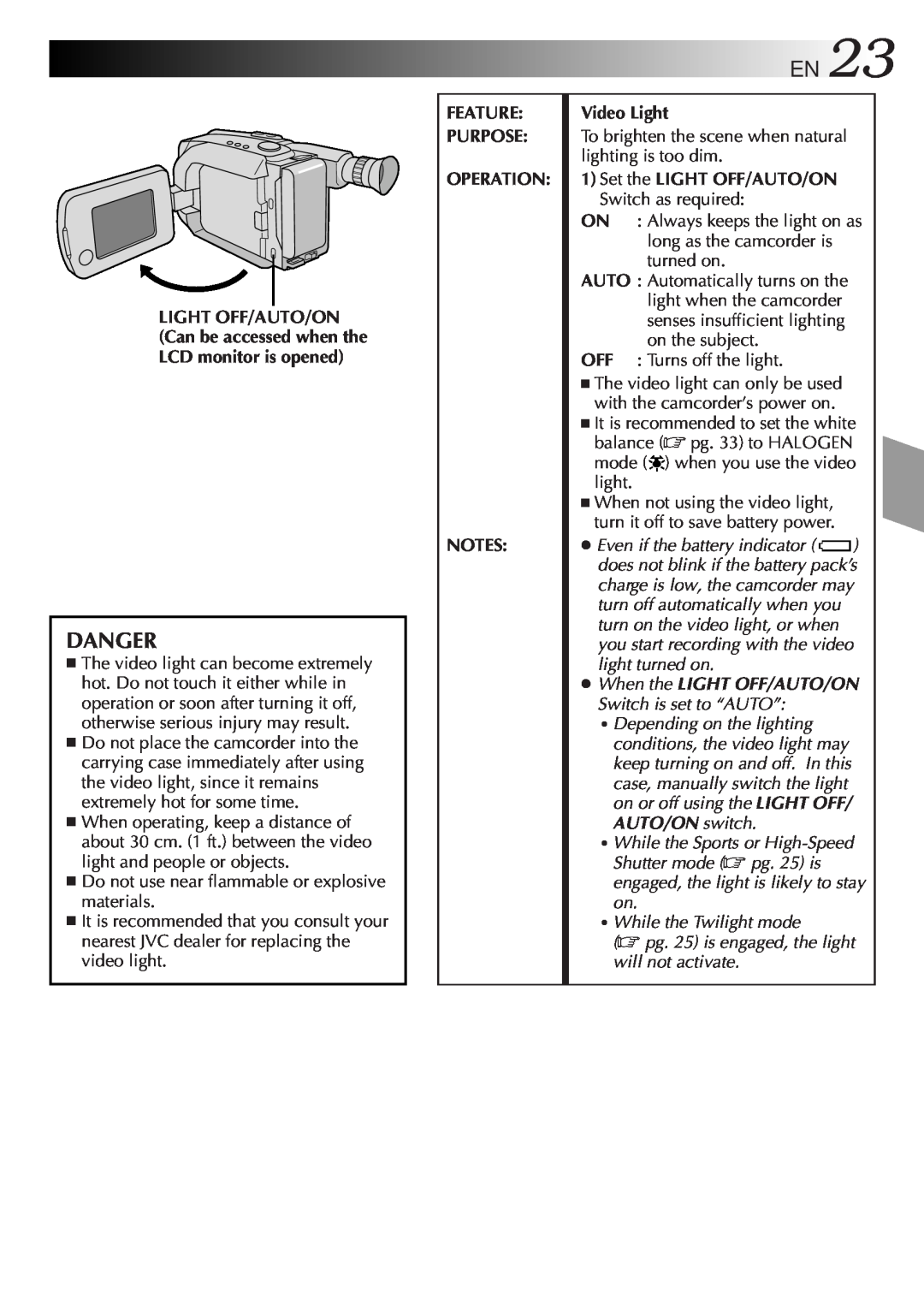 JVC GR-AXM100 manual EN23, Danger 