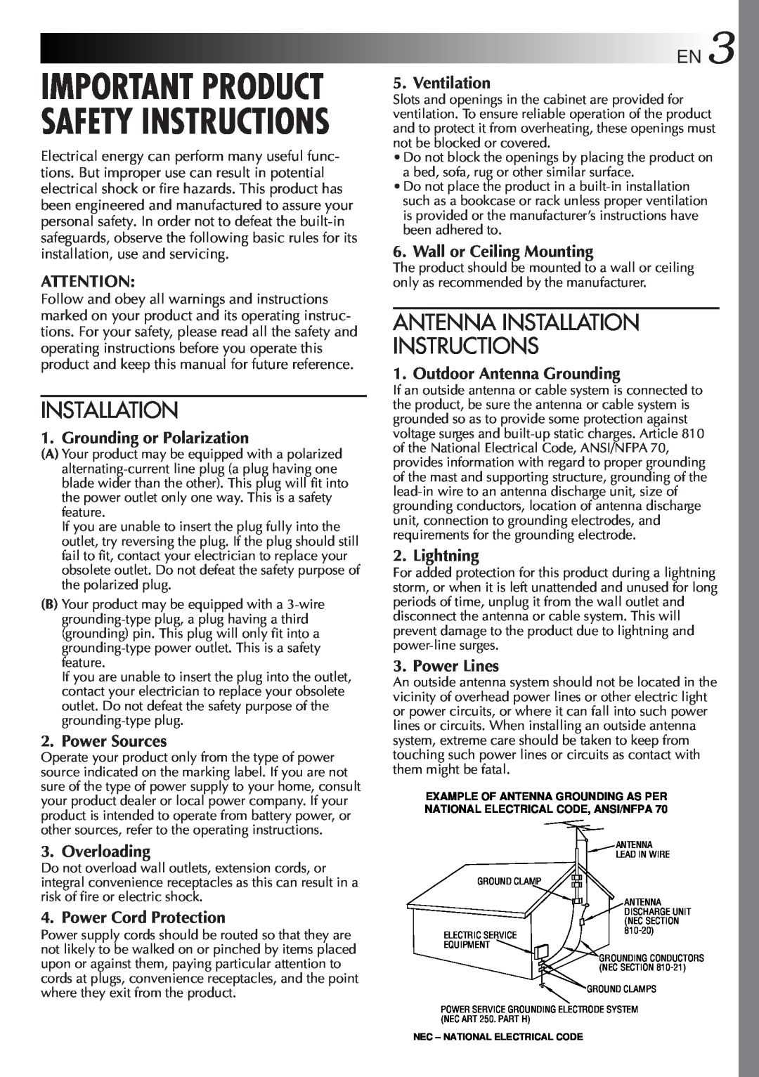 JVC GR-AXM100 Important Product Safety Instructions, Antenna Installation Instructions, Grounding or Polarization 