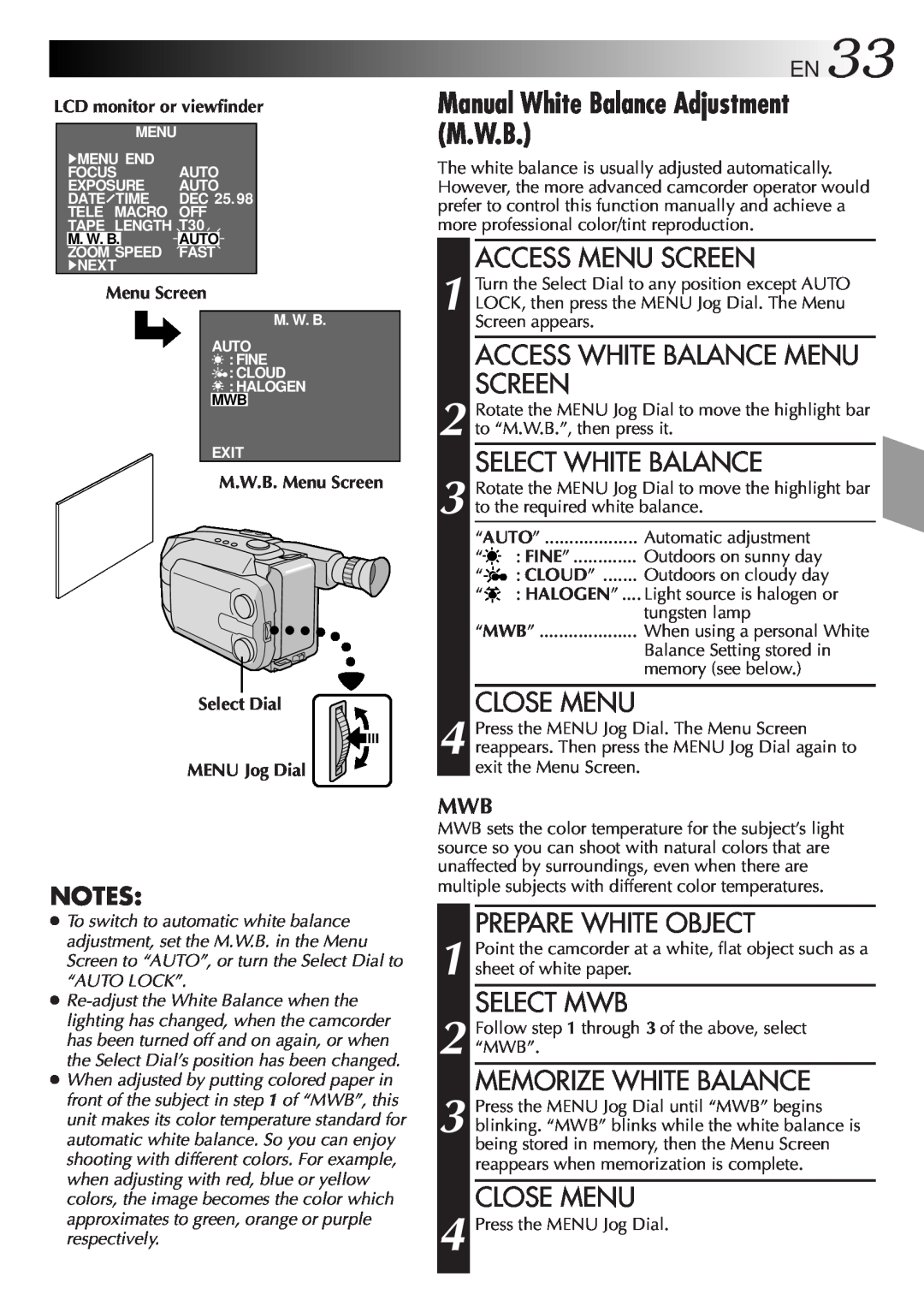JVC GR-AXM100 Manual White Balance Adjustment M.W.B, Access Menu Screen, Access White Balance Menu Screen, Close Menu 