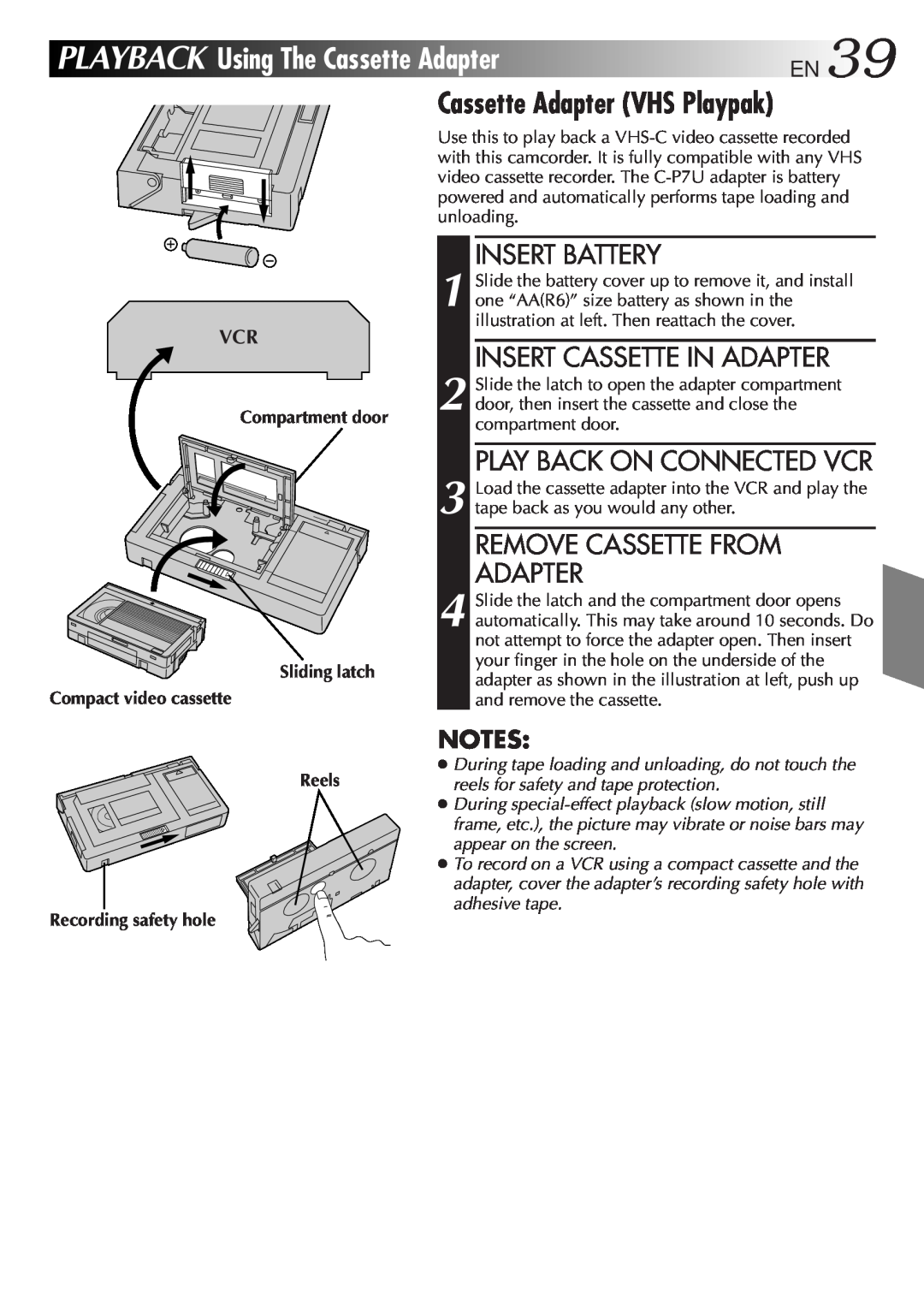 JVC GR-AXM100 manual Playback, UsingTheCassetteAdapterEN39, Cassette Adapter VHS Playpak, Insert Battery 