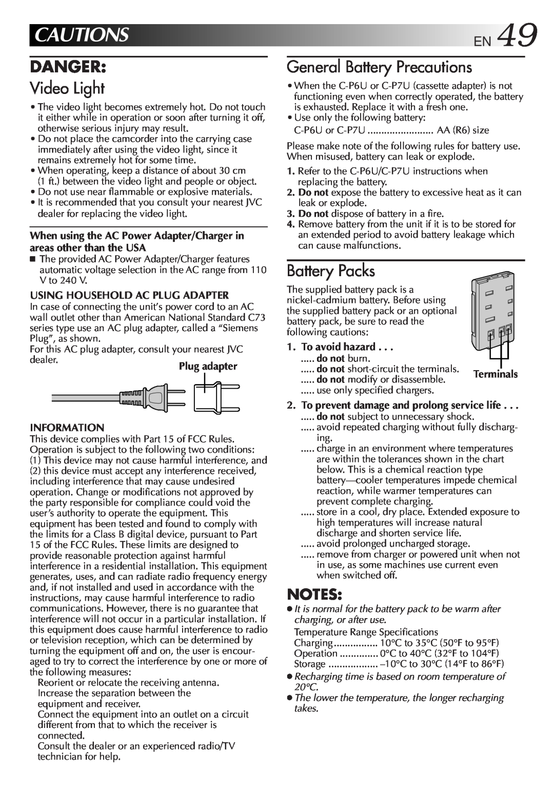JVC GR-AXM100 manual CAUTIONSEN49, Danger, Video Light, General Battery Precautions, Battery Packs 