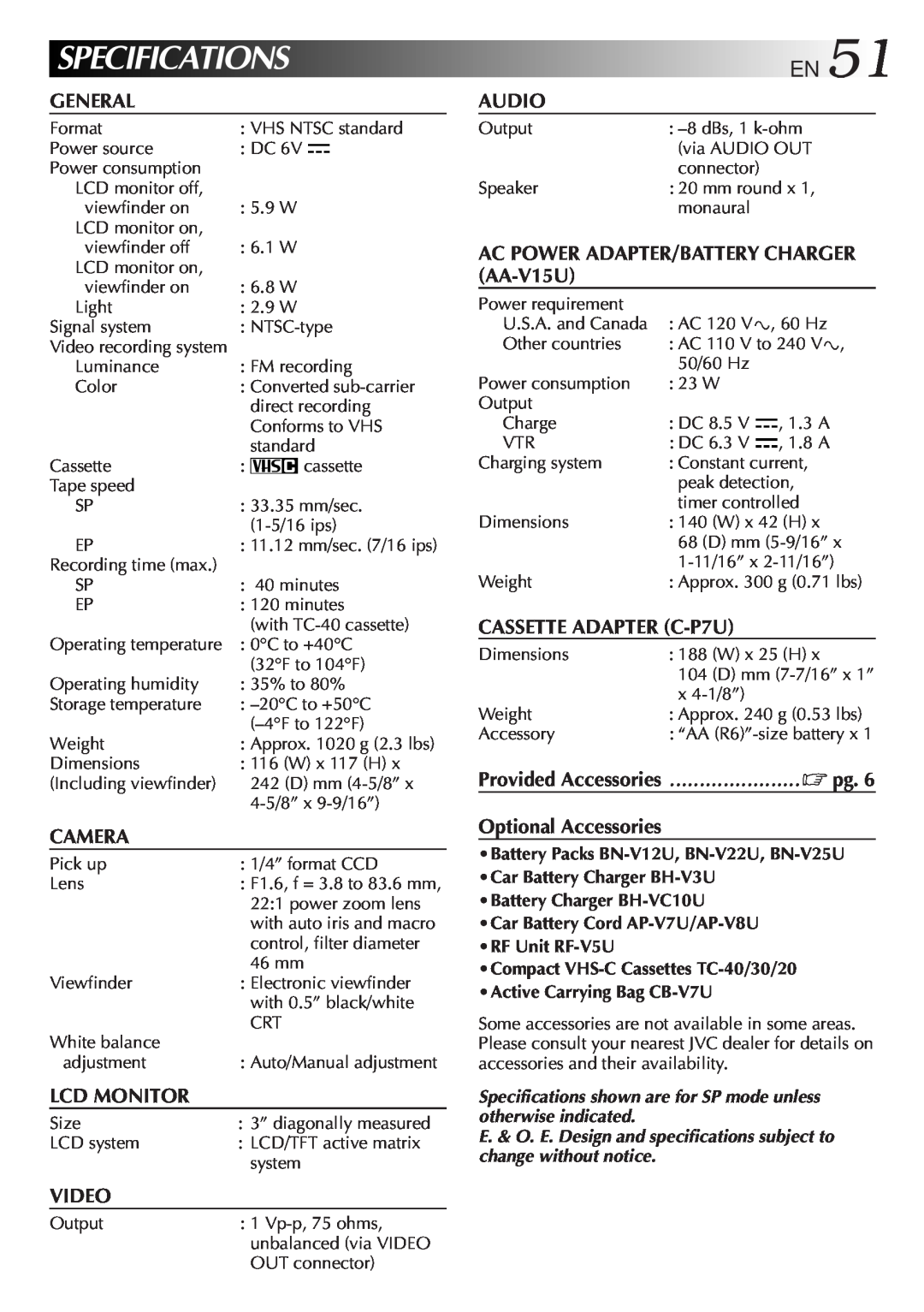 JVC GR-AXM100 manual Specifications, EN51, General, Audio, AC POWER ADAPTER/BATTERY CHARGER AA-V15U, CASSETTE ADAPTER C-P7U 
