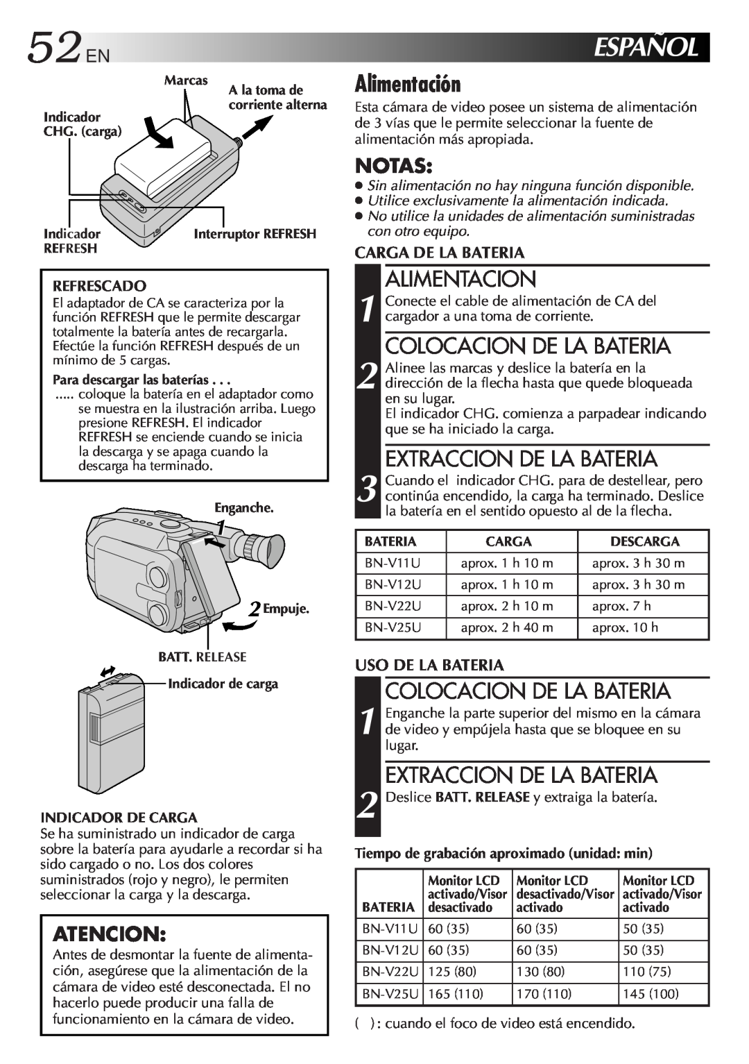 JVC GR-AXM100 manual 52EN, Español, Alimentación, Alimentacion, Colocacion De La Bateria, Extraccion De La Bateria, Notas 