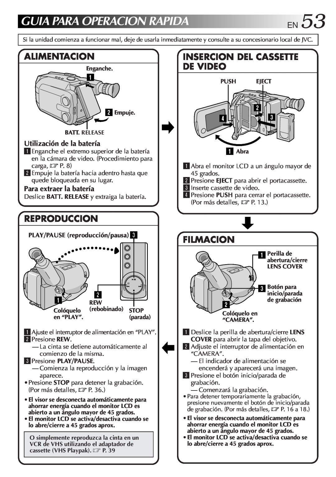 JVC GR-AXM100 manual GUIAPARAOPERACIONRAPIDAEN53, Alimentacion, Insercion Del Cassette De Video, Reproduccion, Filmacion 