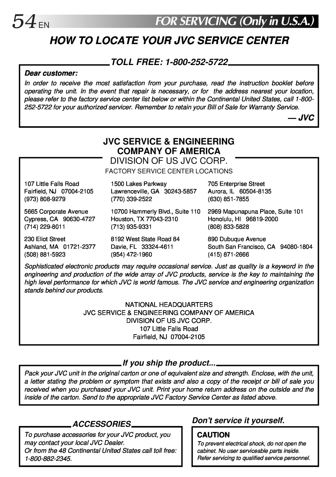 JVC GR-AXM100 manual 54ENFORSERVICINGOnlyinU.S.A, How To Locate Your Jvc Service Center, Toll Free, Division Of Us Jvc Corp 