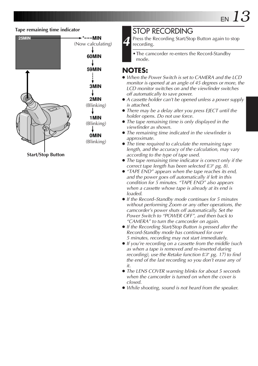 JVC GR-AXM18, GR-AXM28, GR-AX18EG instruction manual Stop Recording, Tape remaining time indicator 