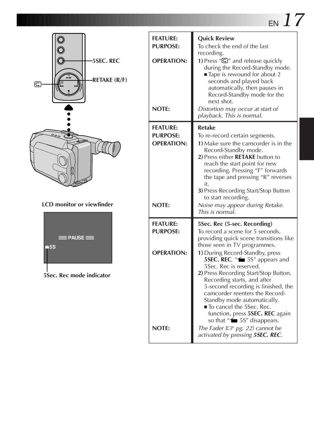 JVC GR-AXM28, GR-AXM18, GR-AX18EG instruction manual 5SEC. REC Retake R/F, 5Sec. Rec mode indicator, Feature, Quick Review 