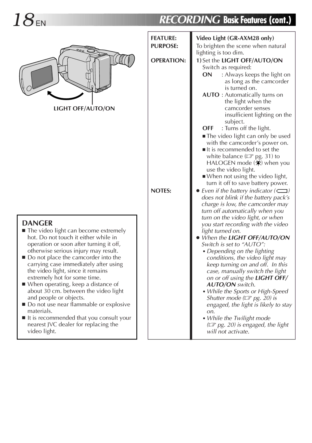 JVC GR-AX18EG, GR-AXM18 Basic Features, Video Light GR-AXM28 only, Set the Light OFF/AUTO/ON Switch as required 