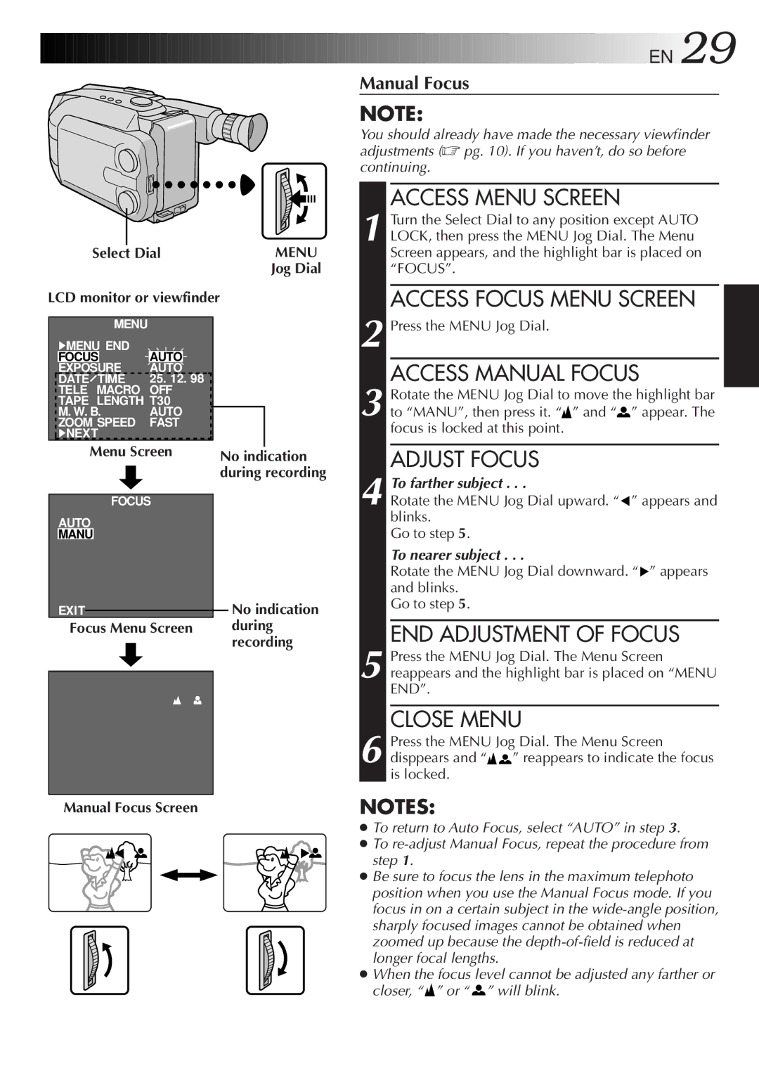 JVC GR-AXM28, GR-AXM18, GR-AX18EG instruction manual END Adjustment of Focus, Focus Menu Screen, Manual Focus Screen 