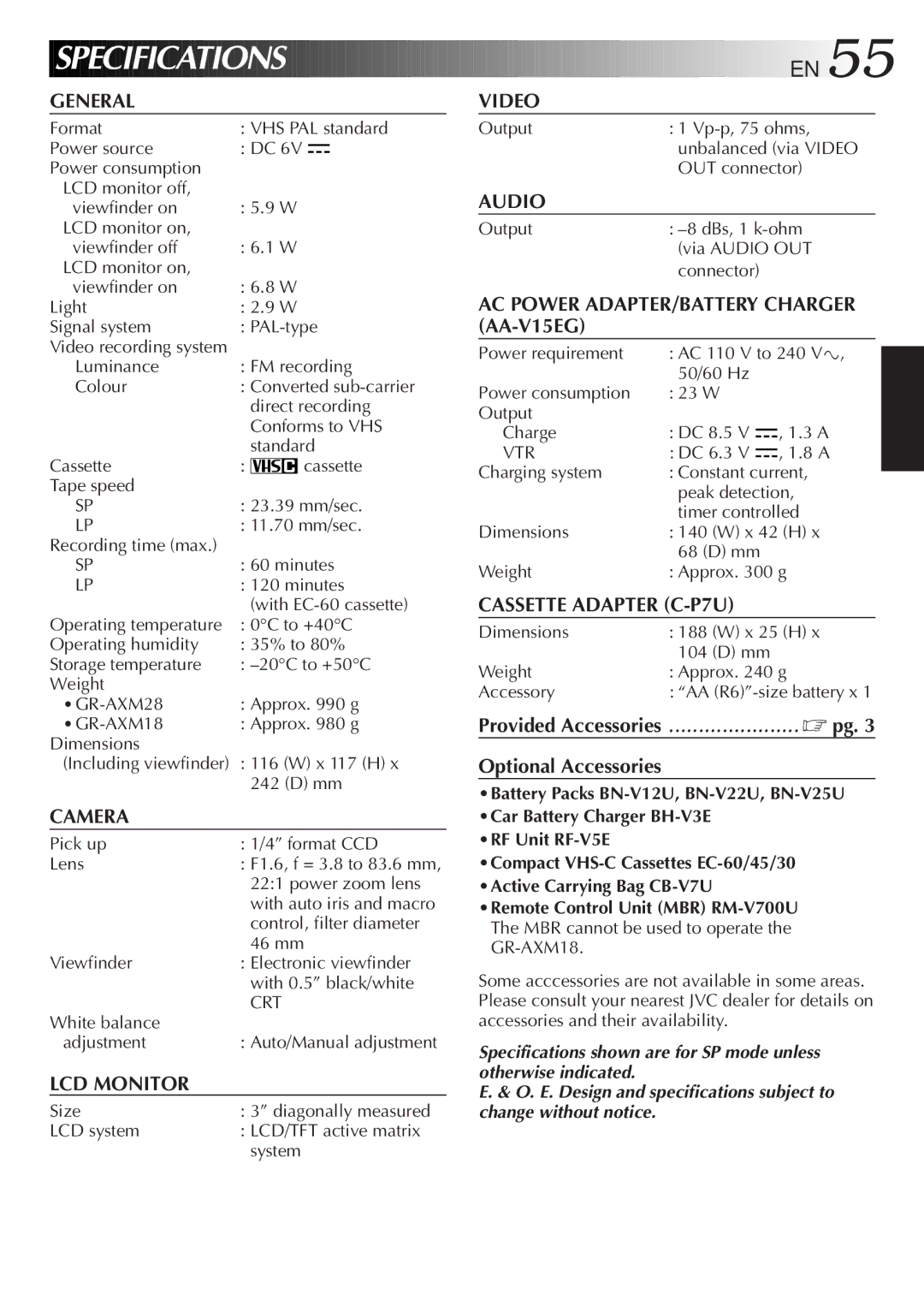 JVC GR-AXM18, GR-AXM28, GR-AX18EG instruction manual Specifications, General 