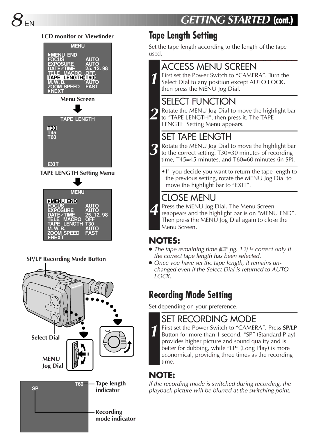 JVC GR-AXM28, GR-AXM18, GR-AX18EG instruction manual Recording Mode Setting, SET Recording Mode, Menu 