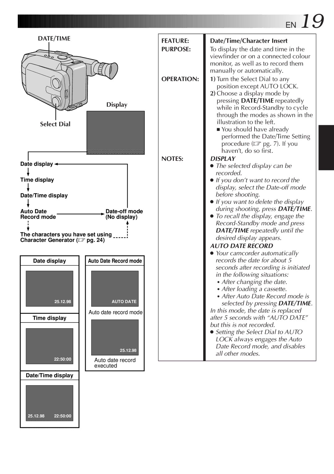 JVC GR-AXM18EG instruction manual Display Select Dial, Date/Time/Character Insert 