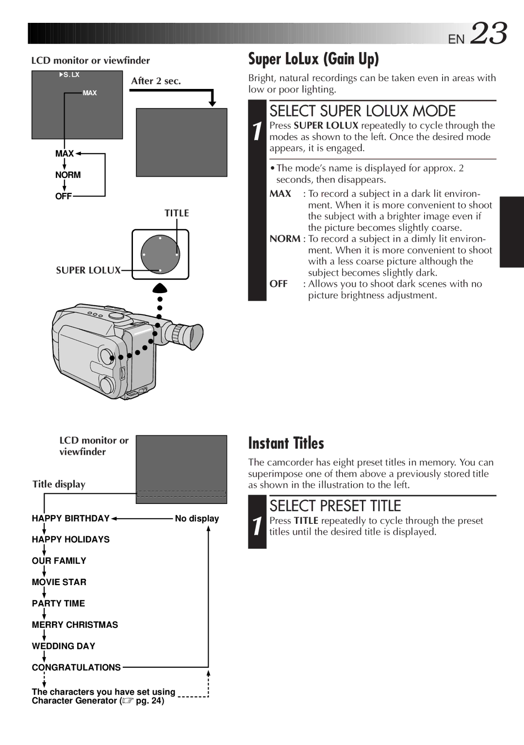 JVC GR-AXM18EG instruction manual Super LoLux Gain Up, Instant Titles, Select Super Lolux Mode, Select Preset Title 