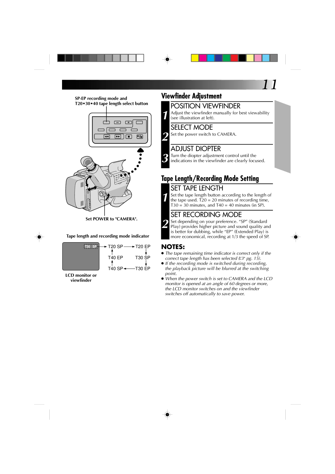 JVC GR-AXM1U manual Viewfinder Adjustment, Tape Length/Recording Mode Setting 