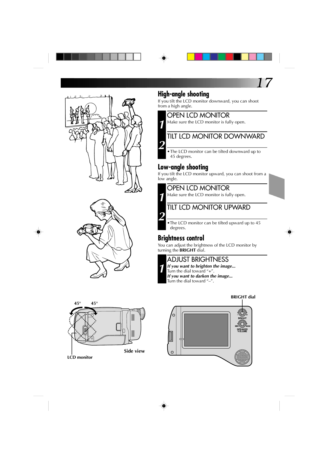 JVC GR-AXM1U manual High-angle shooting, Low-angle shooting, Brightness control 