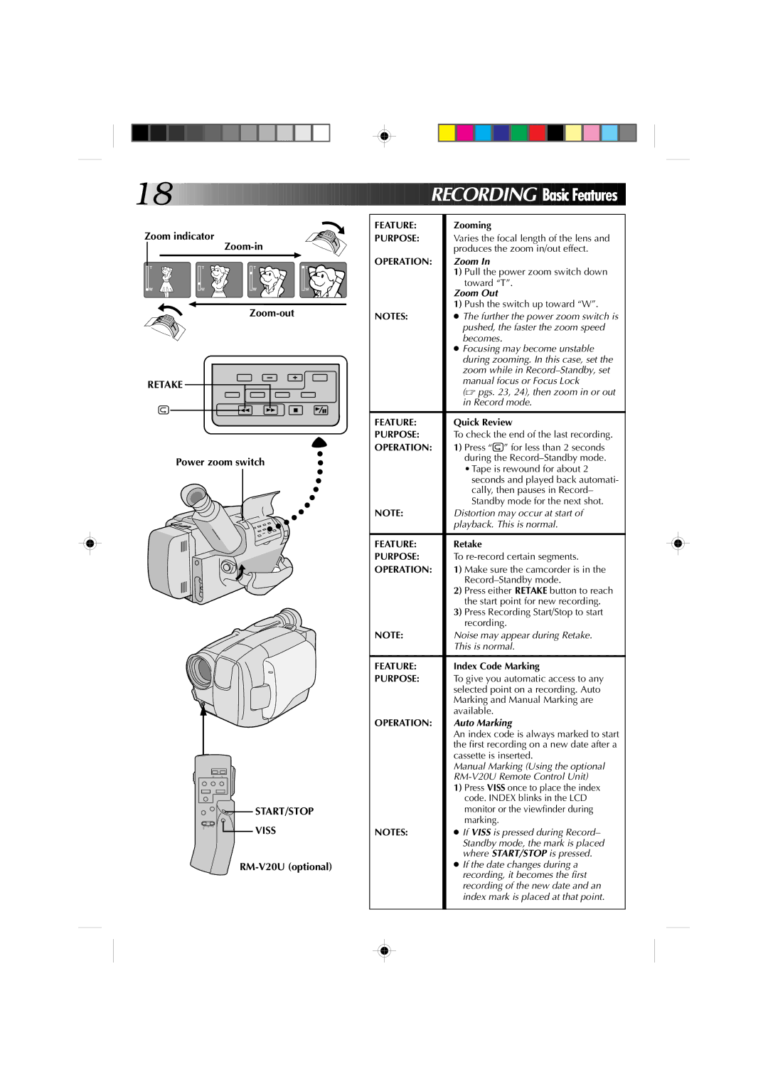 JVC GR-AXM1U manual Recording Basic Features, Retake, START/STOP Viss 