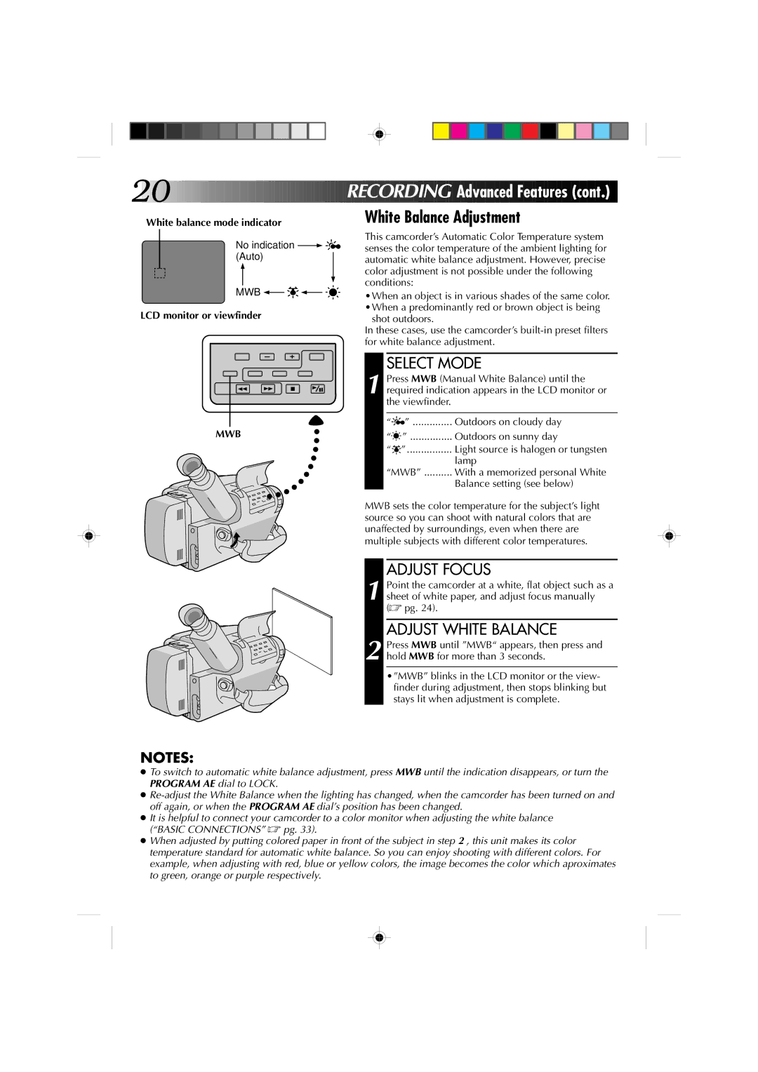 JVC GR-AXM1U manual Advanced Featur es, White Balance Adjustment, Adjust Focus, Adjust White Balance, Mwb 