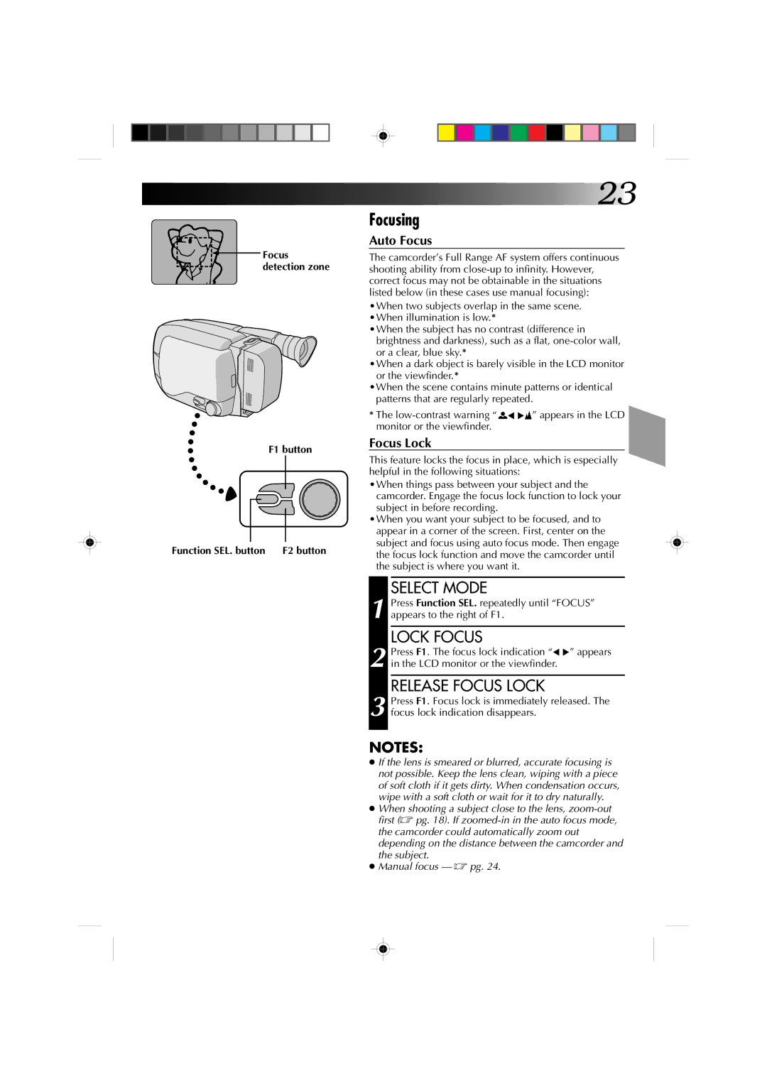 JVC GR-AXM1U manual Focusing, Lock Focus, Release Focus Lock, F1 button Function SEL. button 