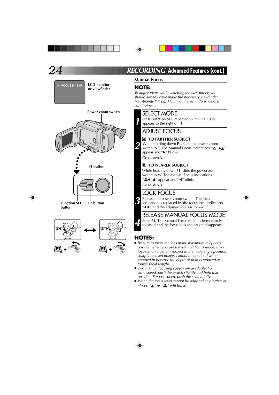 JVC GR-AXM1U Release Manual Focus Mode, To Farther Subject, To Nearer Subject, F1 Focus F2 EXP. LCD monitor or viewfinder 