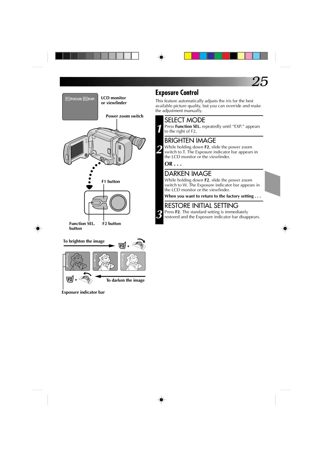 JVC GR-AXM1U manual Exposure Control, Brighten Image, Darken Image, Restore Initial Setting 