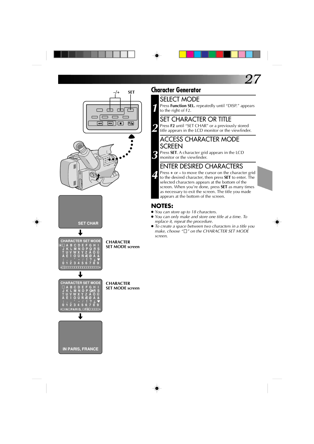 JVC GR-AXM1U manual + Set, Character, SET Mode screen 