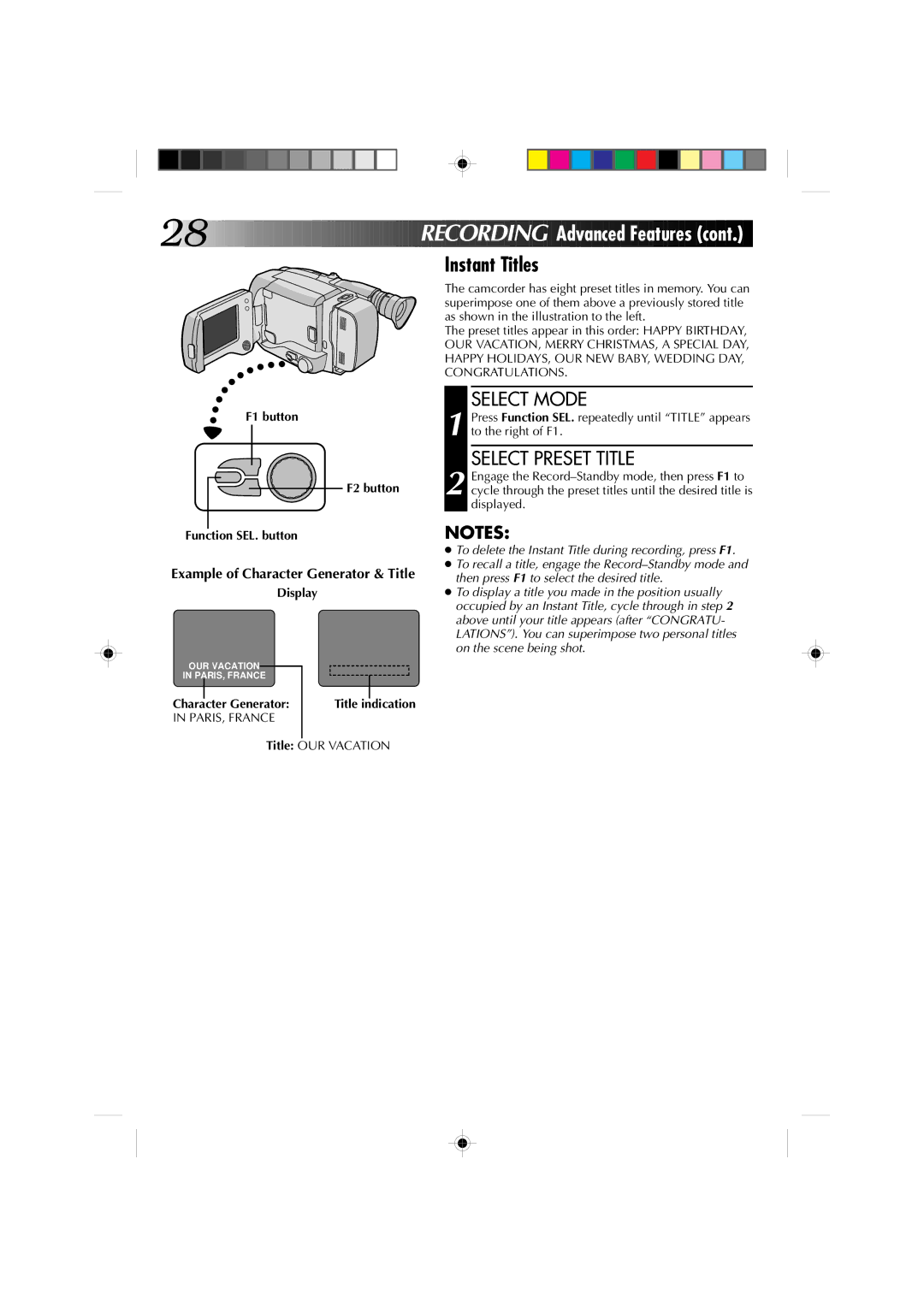 JVC GR-AXM1U manual Instant Titles, Select Preset Title, Example of Character Generator & Title 