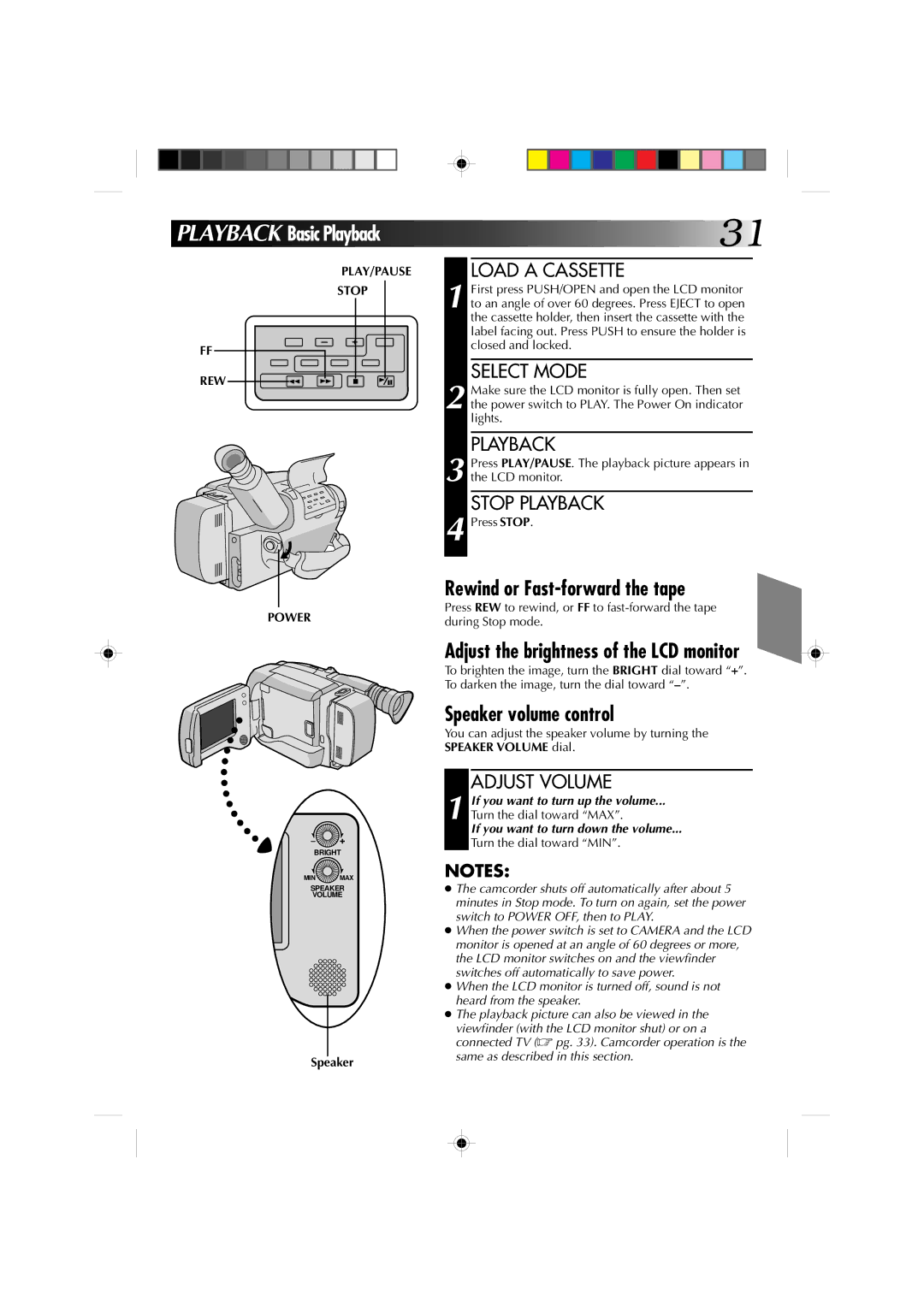 JVC GR-AXM1U manual Rewind or Fast-forward the tape, Adjust the brightness of the LCD monitor, Speaker volume control 