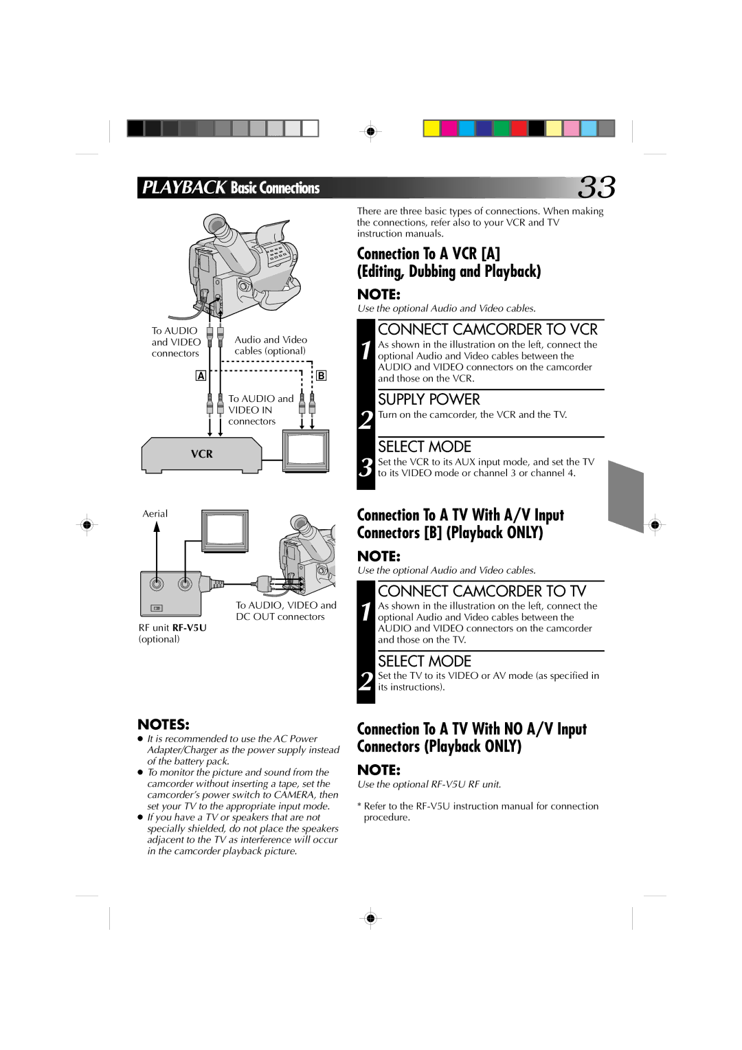 JVC GR-AXM1U manual Playback Basic Connections, Connect Camcorder to VCR, Vcr 