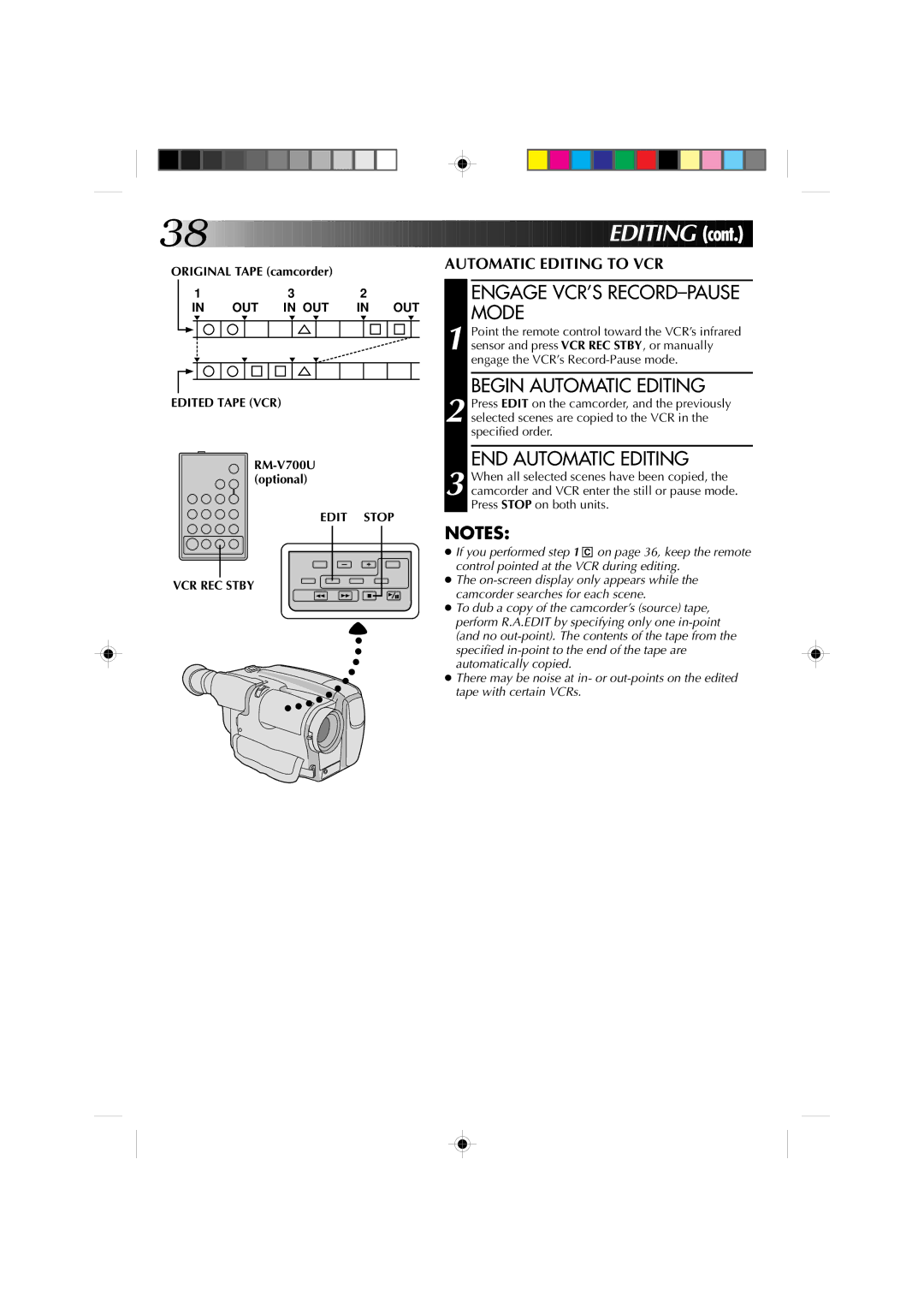 JVC GR-AXM1U manual Engage VCR’S RECORD-PAUSE Mode, Begin Automatic Editing, END Automatic Editing, Edit Stop VCR REC Stby 