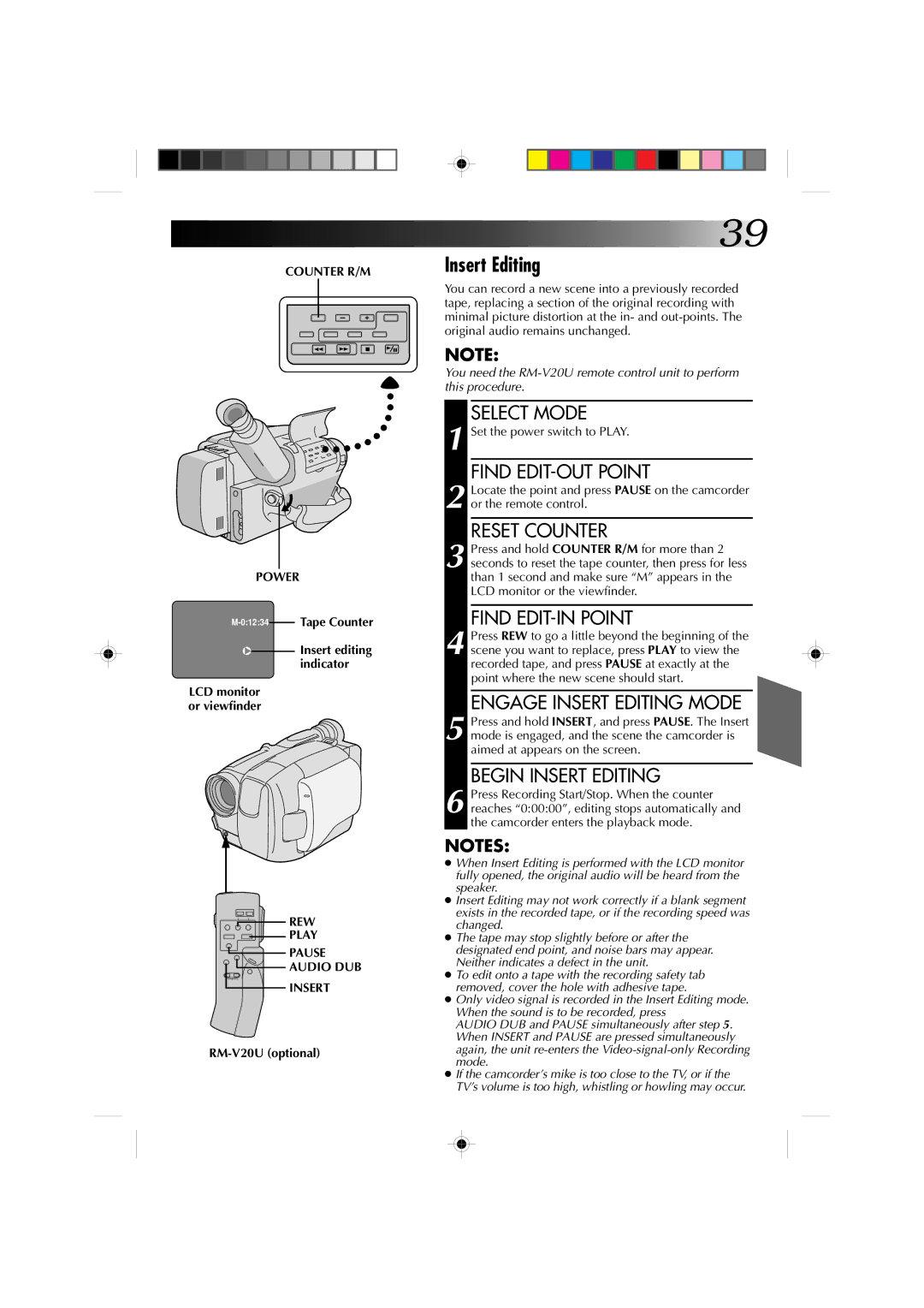 JVC GR-AXM1U manual Counter R/M Power, 01234Tape Counter, REW Play Pause Audio DUB Insert 