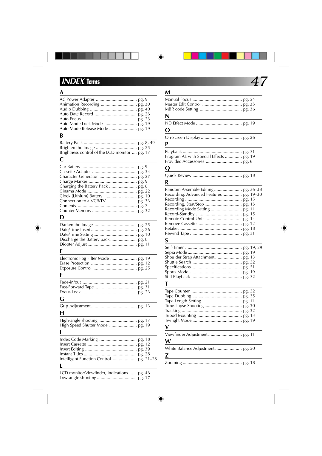 JVC GR-AXM1U manual Index Terms 