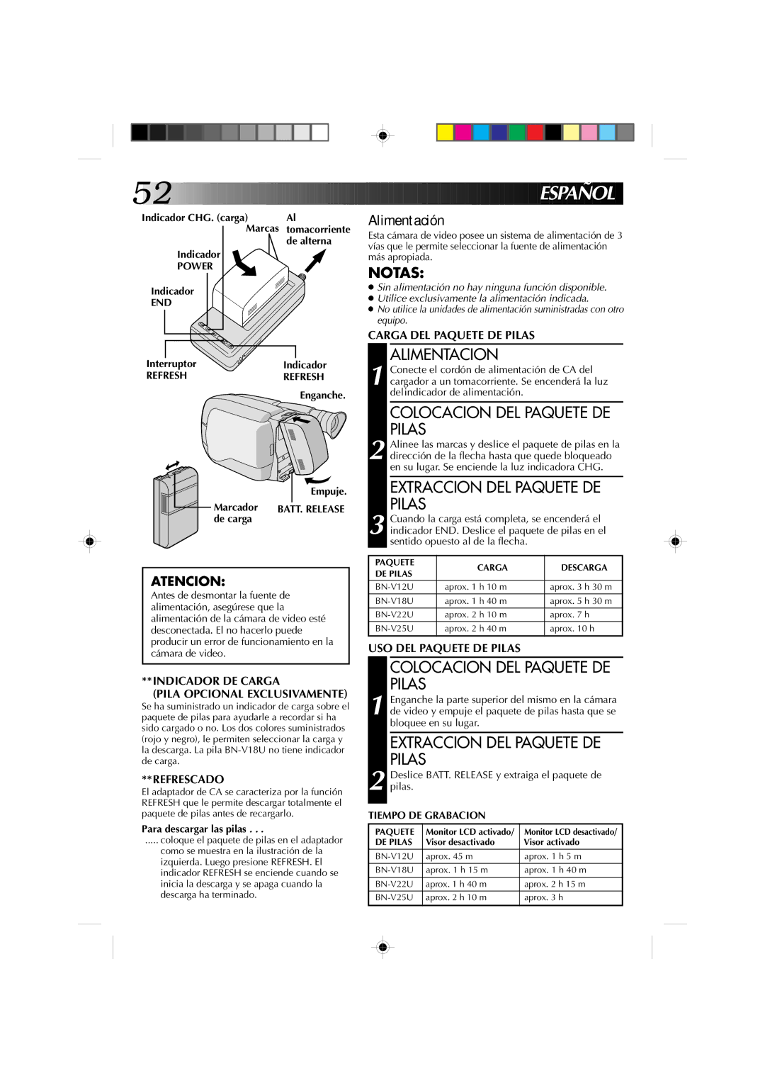 JVC GR-AXM1U manual Español, Alimentación, Alimentacion, Colocacion DEL Paquete DE Pilas, Extraccion DEL Paquete DE Pilas 