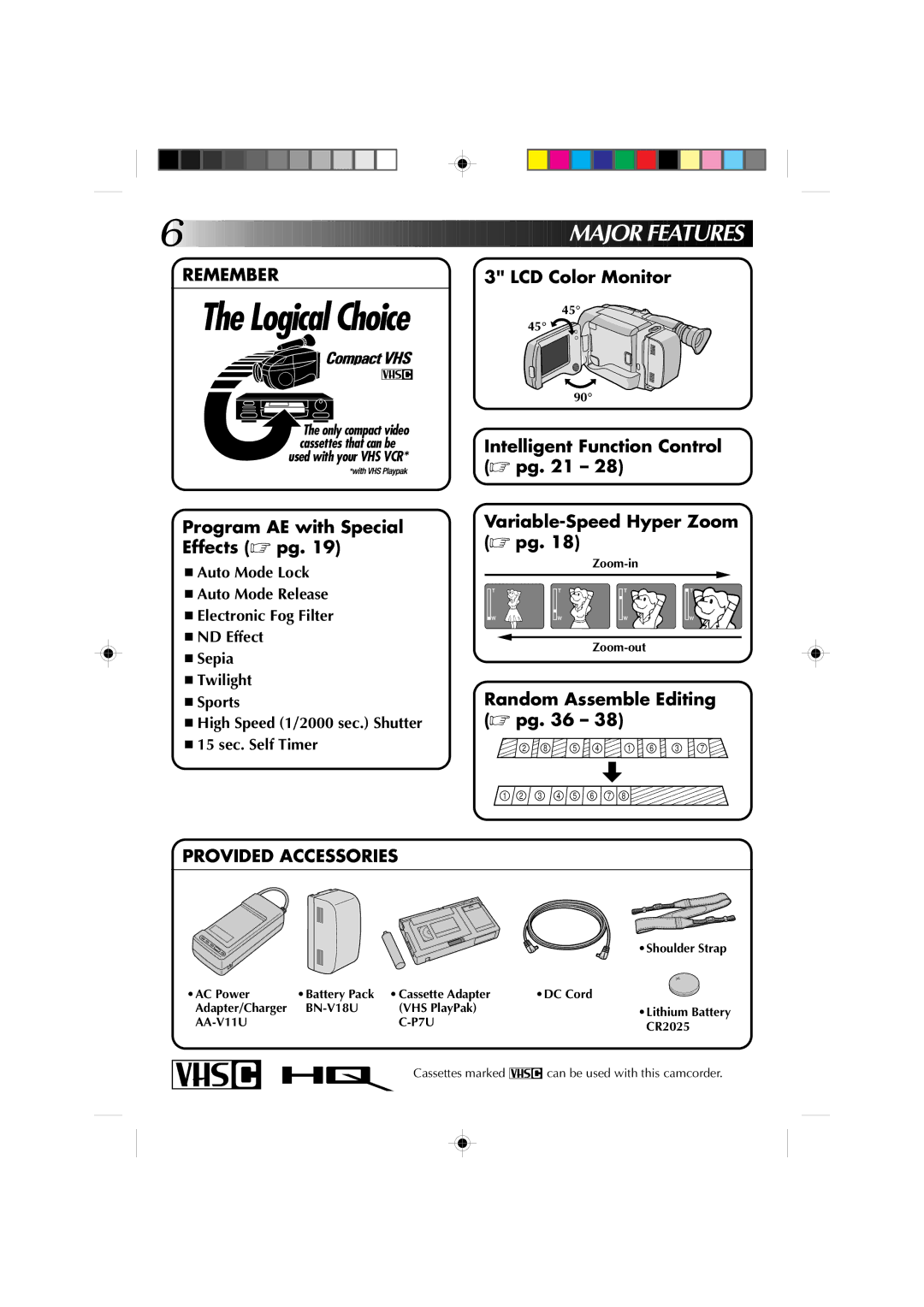 JVC GR-AXM1U manual Ajor Features, Zoom-in Zoom-out, AC Power Battery Pack Cassette Adapter DC Cord, BN-V18U VHS PlayPak 