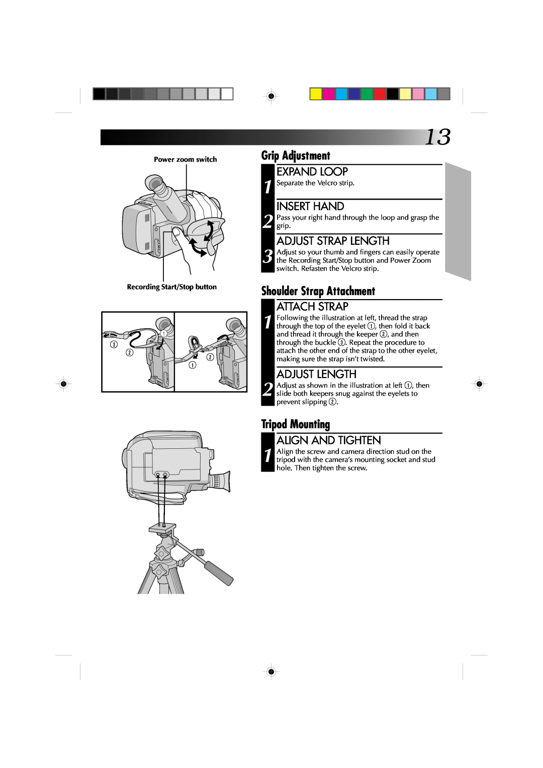 JVC GR-AXM1U Grip Adjustment, Shoulder Strap Attachment, Tripod Mounting, Expand Loop, Insert Hand, Adjust Strap Length 