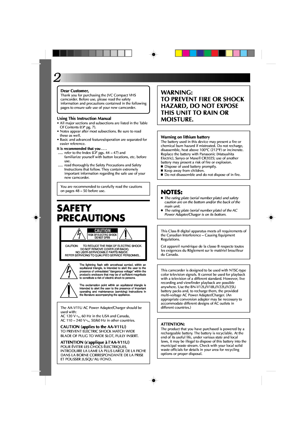 JVC GR-AXM1U manual Safety Precautions, Dear Customer, Using This Instruction Manual, CAUTION applies to the AA-V11U 