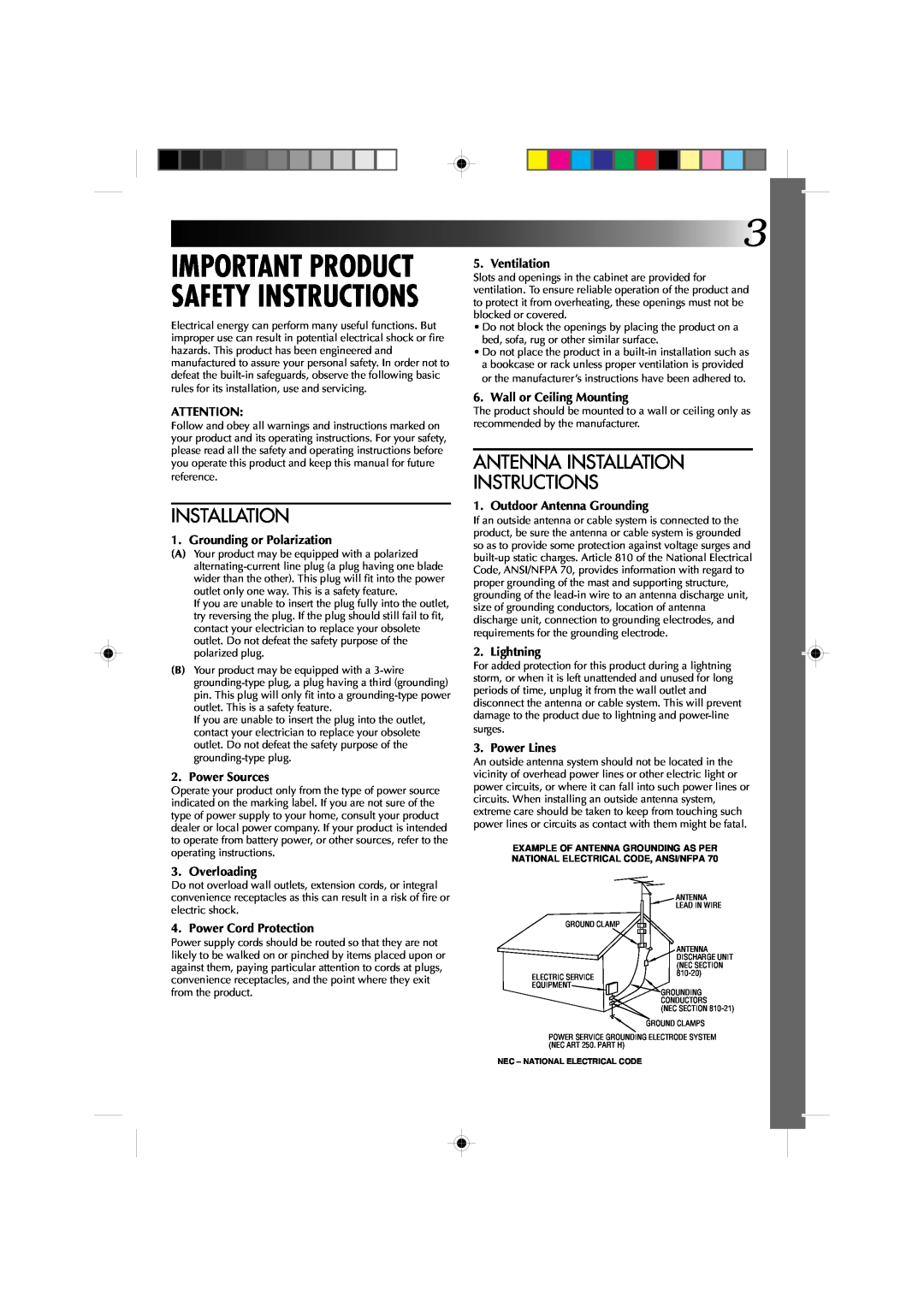 JVC GR-AXM1U manual Antenna Installation Instructions, Important Product Safety Instructions, Grounding or Polarization 
