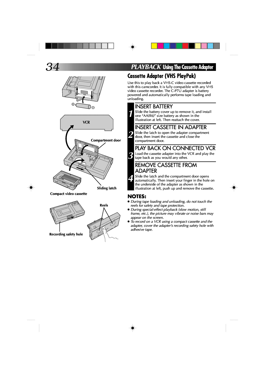 JVC GR-AXM1U manual 34PLAYBACKUsing The Cassette Adapter, Cassette Adapter VHS PlayPak, Insert Cassette In Adapter 